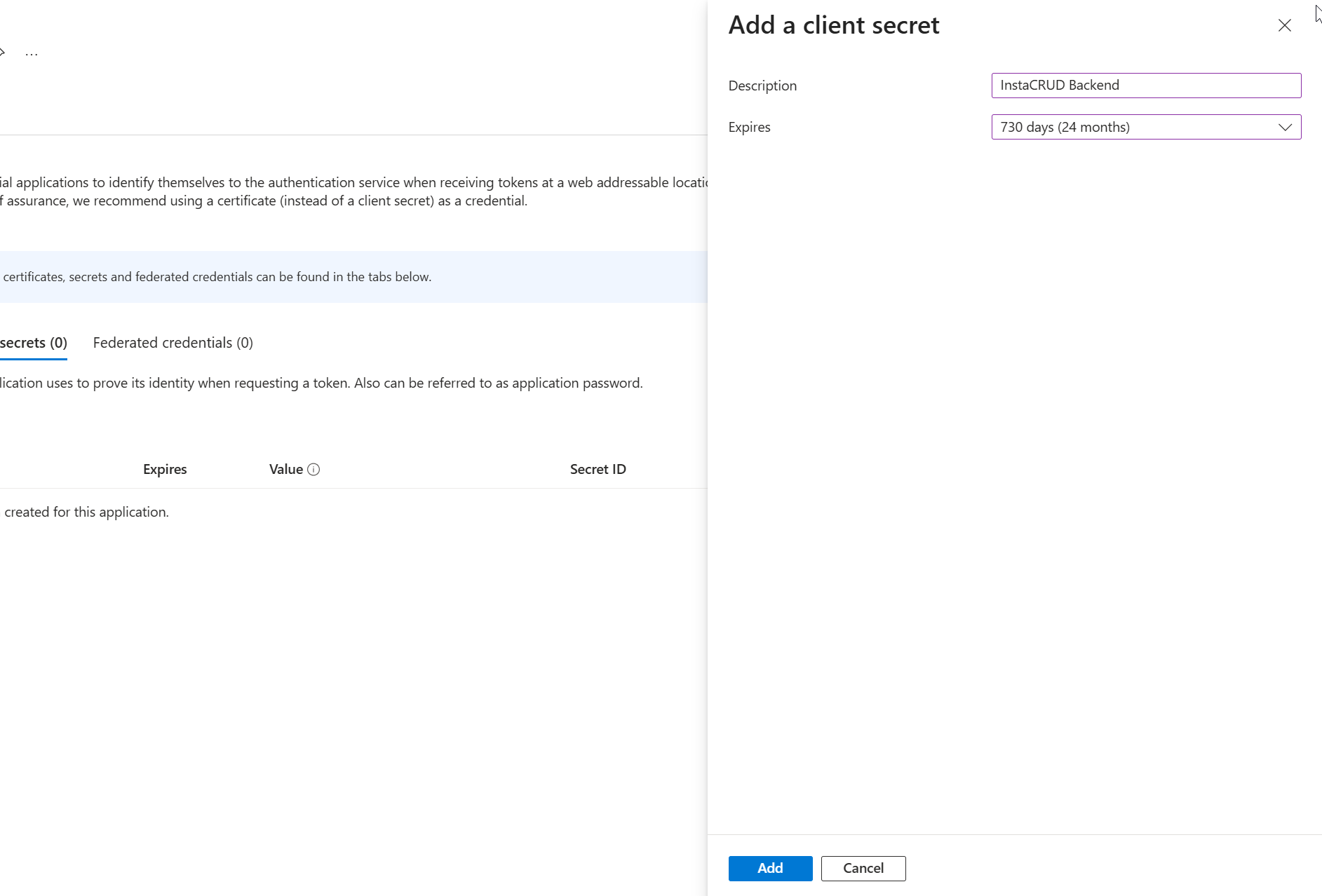 Add new client secret